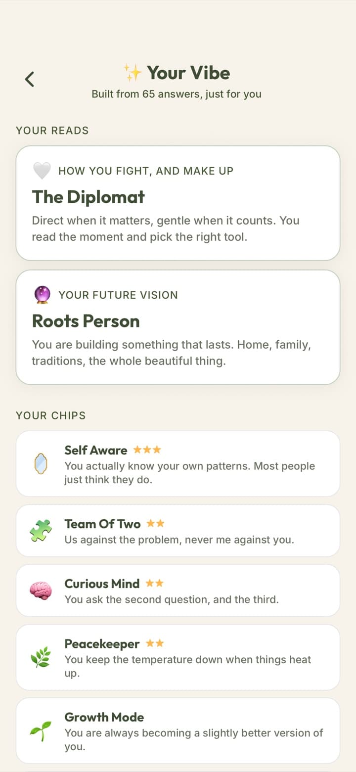 Your Vibe: The Diplomat, Roots Person, and trait chips